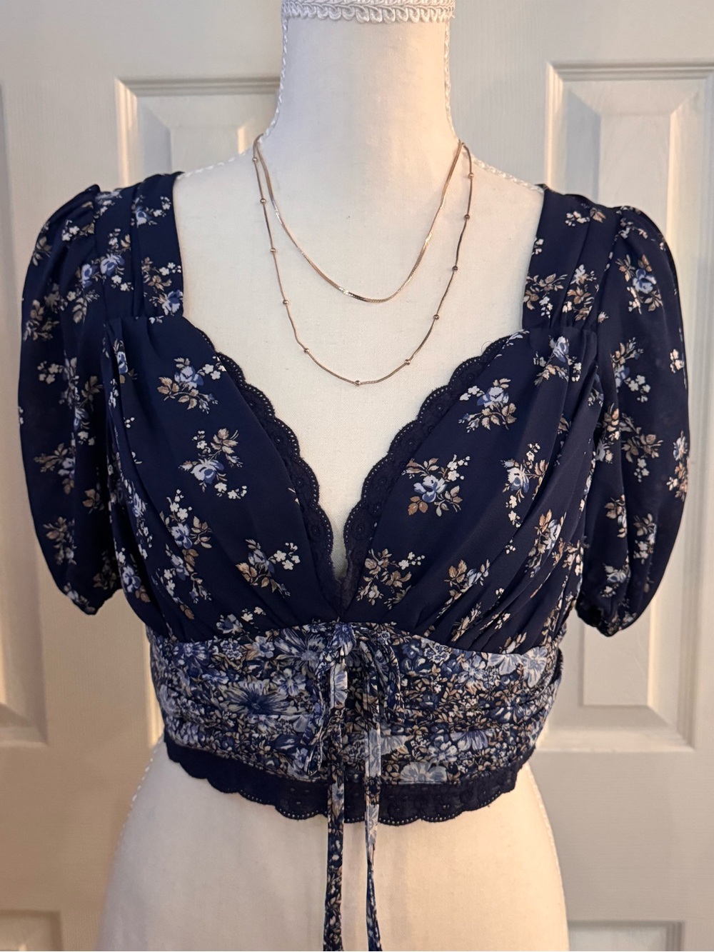 Altar'd State Navy Floral Lace-Trim Drawstring Crop Top